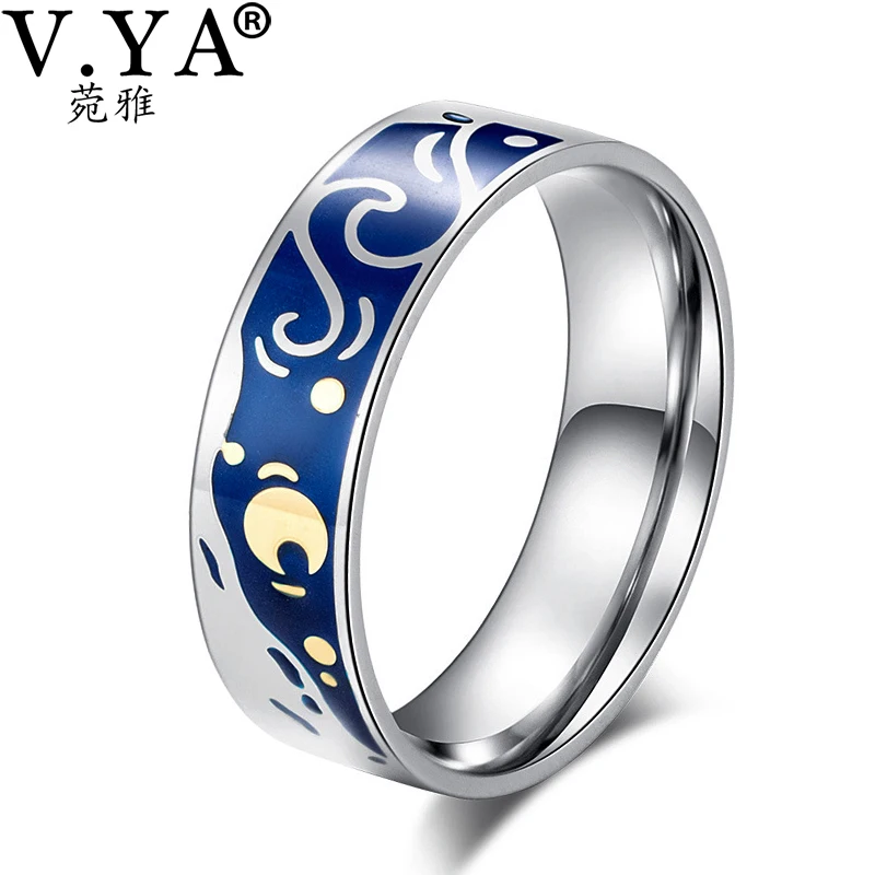 

V.YA 100% Real Pure Silver Color Moon Star Big Rings for Women Man Statement Jewelry Wedding Finger Adjustable Ring
