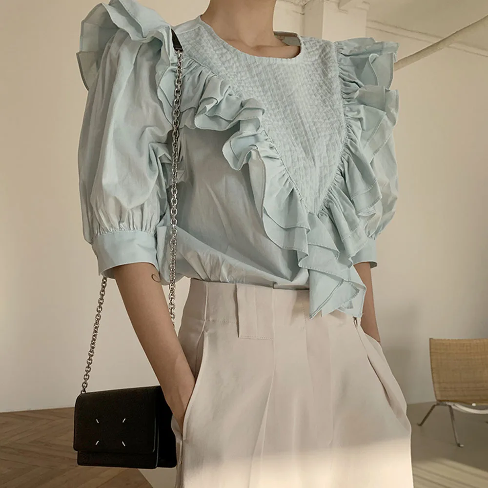 

Autumn New 2021 Korean Fashion French Retro Solid Color Ruffle Blouse Round Neck Puff Sleeve Pleated Splicing Temperament Casual