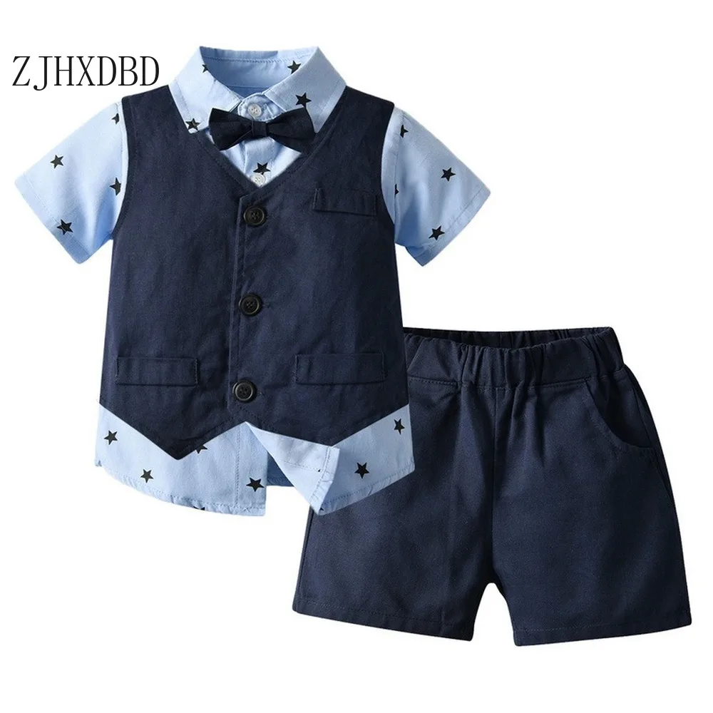 

Boys Shirts Vest Short Pants 3 Pieces Blazers Summer 2020 Children's Clothing Vest Short-sleeved Printed Star Shirt Boys Shorts