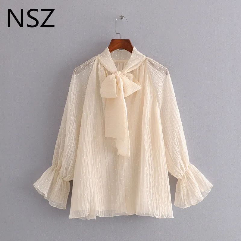 NSZ женская шифоновая блузка в горошек с бантом и завязками на шее Пышный рукав