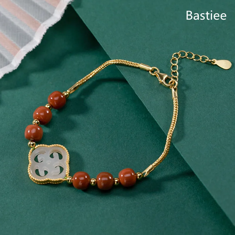 Bastiee Red Agate 925 Sterling Silver Bracelet For Women Jade Bracelets Hmong Jewelry Luxury Golden Plated Chinese Ruyi