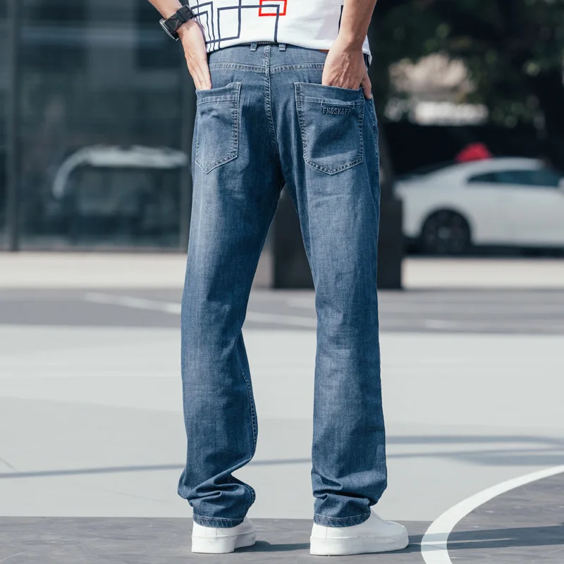 Summer Thin Section Baggy Men Jeans Straight Large Size Loose Breathable Elastic Denim Pants Hip Hop Streetwear Blue Trousers