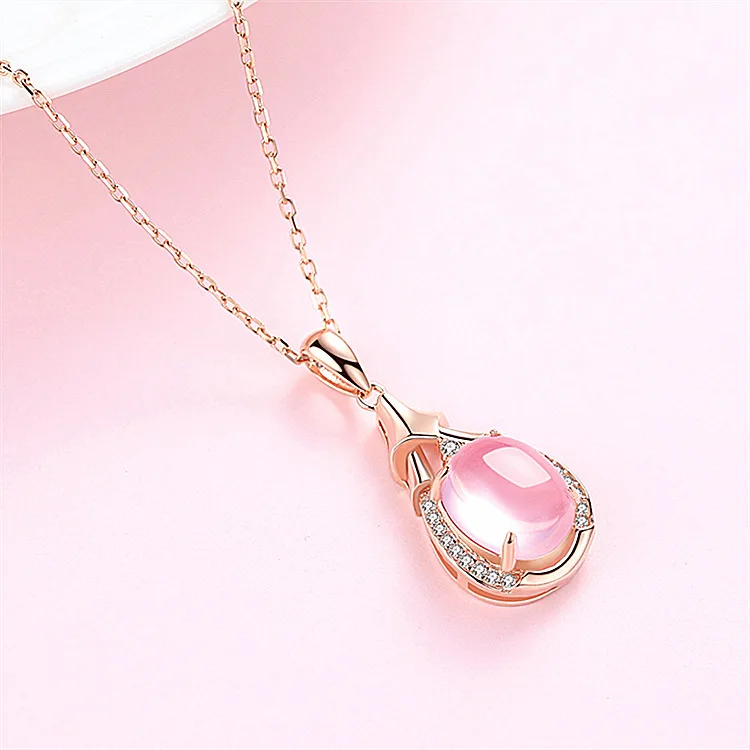 

Luxury Female Oval Jade Pendant Necklace Charm Rose Gold Color Wedding Necklace For Women Cute Bride Crystal Chain Necklace