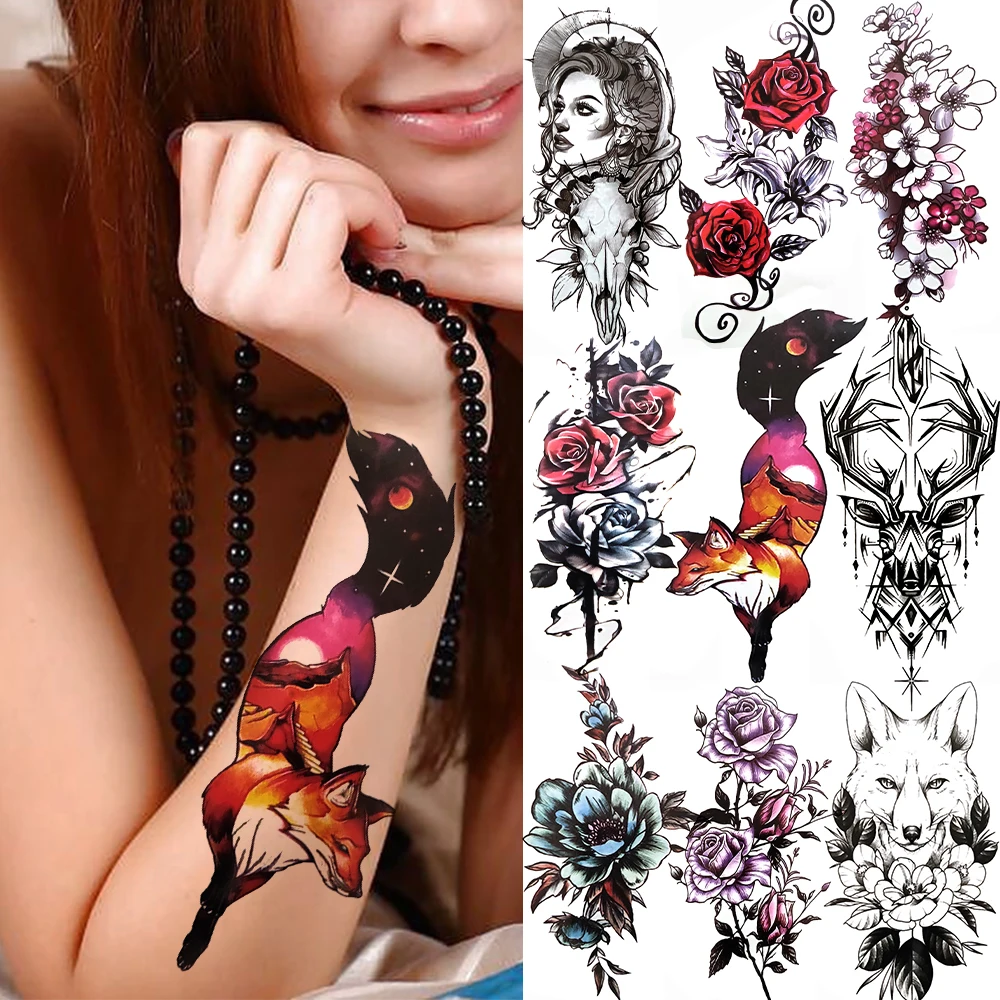 

Watercolour Star Moon Space Fox Wolf Temporary Tattoos Flower Rose Peony Tattoo Sticker Women Kids Fake Jewelry Body Art Tatoos