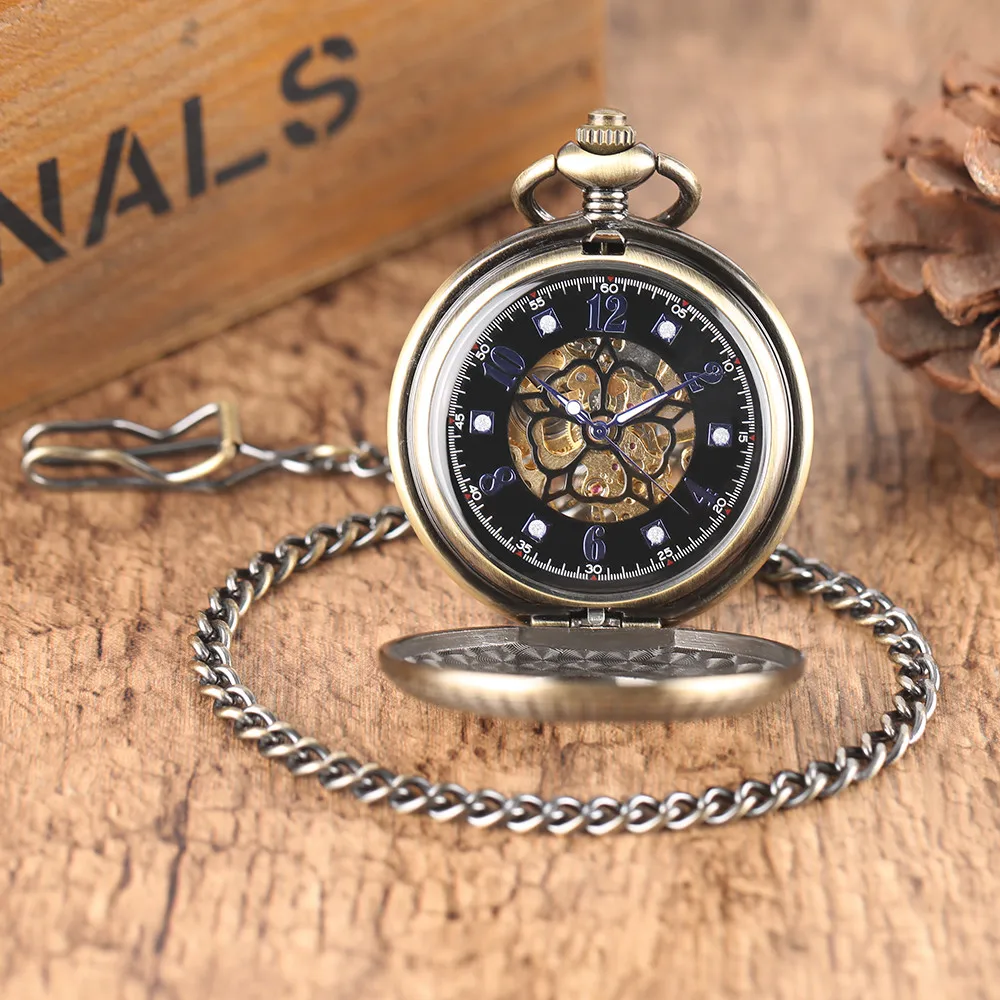 Luxury Manual Mechanical Pocket Watch Silver/Gold/Bronze Stars Decor Half Hunter Antique Hand Winding Mechanism Pocket Timepiece