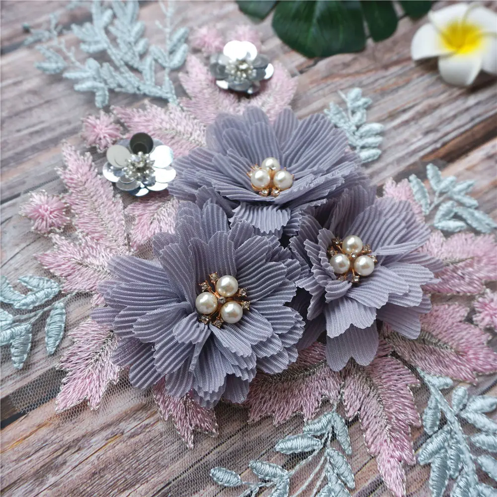 Фиолетовые розовые 3D цветы стразы кружево ткань Вышитое свадебное платье