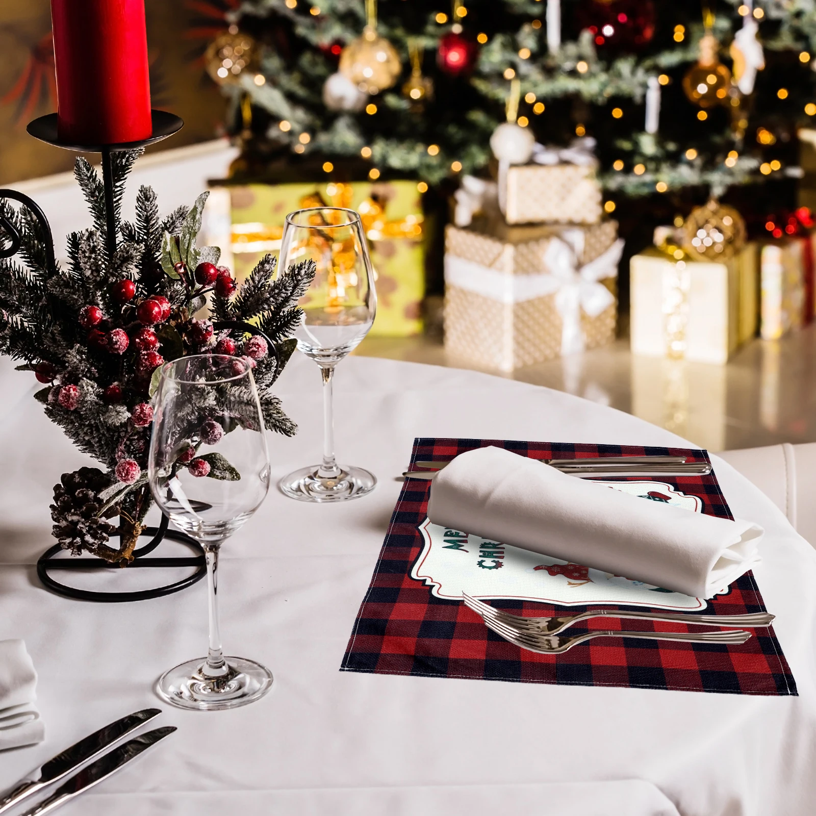 

Набор рождественских салфеток 4, льняные салфетки с рисунком рождественской елки Санта-Клауса, рождественские украшения