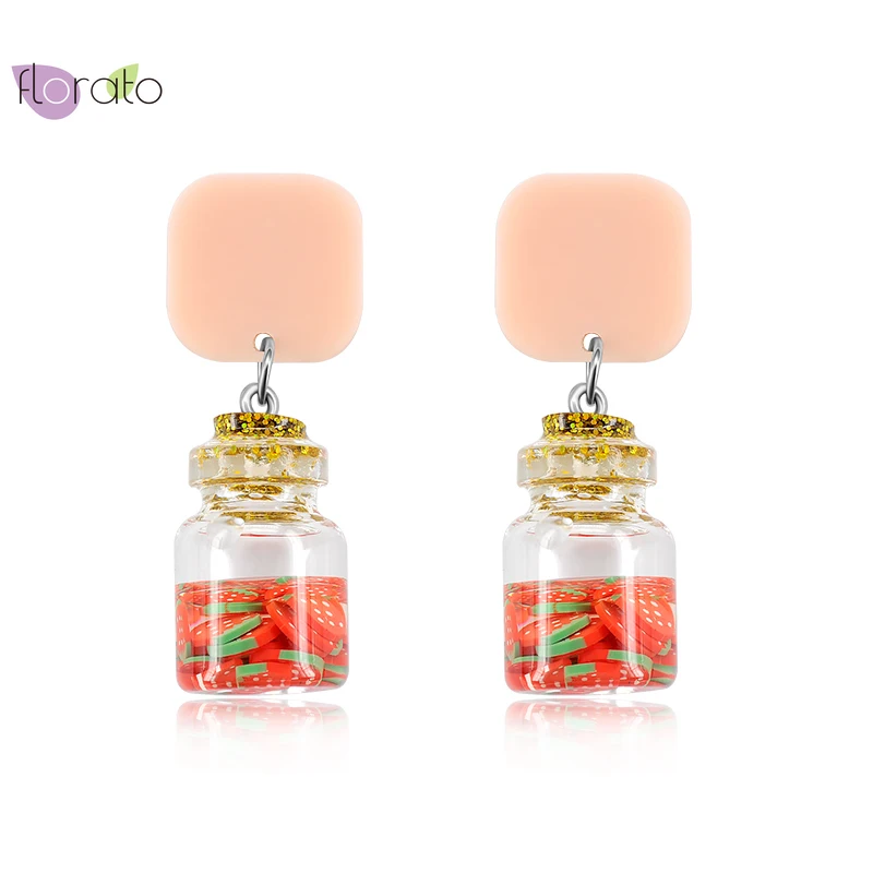 

925 Sterling Silver Ear Needle Artificial Fruit Strawberry Stud earrings Glass Bottle Summer Cute Jewelry Women Birthday Gifts