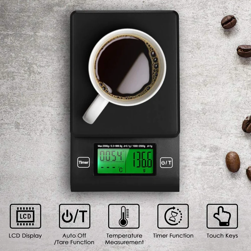 Hot Sale Digital Coffee Scale Multifunction Kitchen Food With Timer Temperature Probe Lcd Display Green Backlight 2000G/1G | Дом и сад