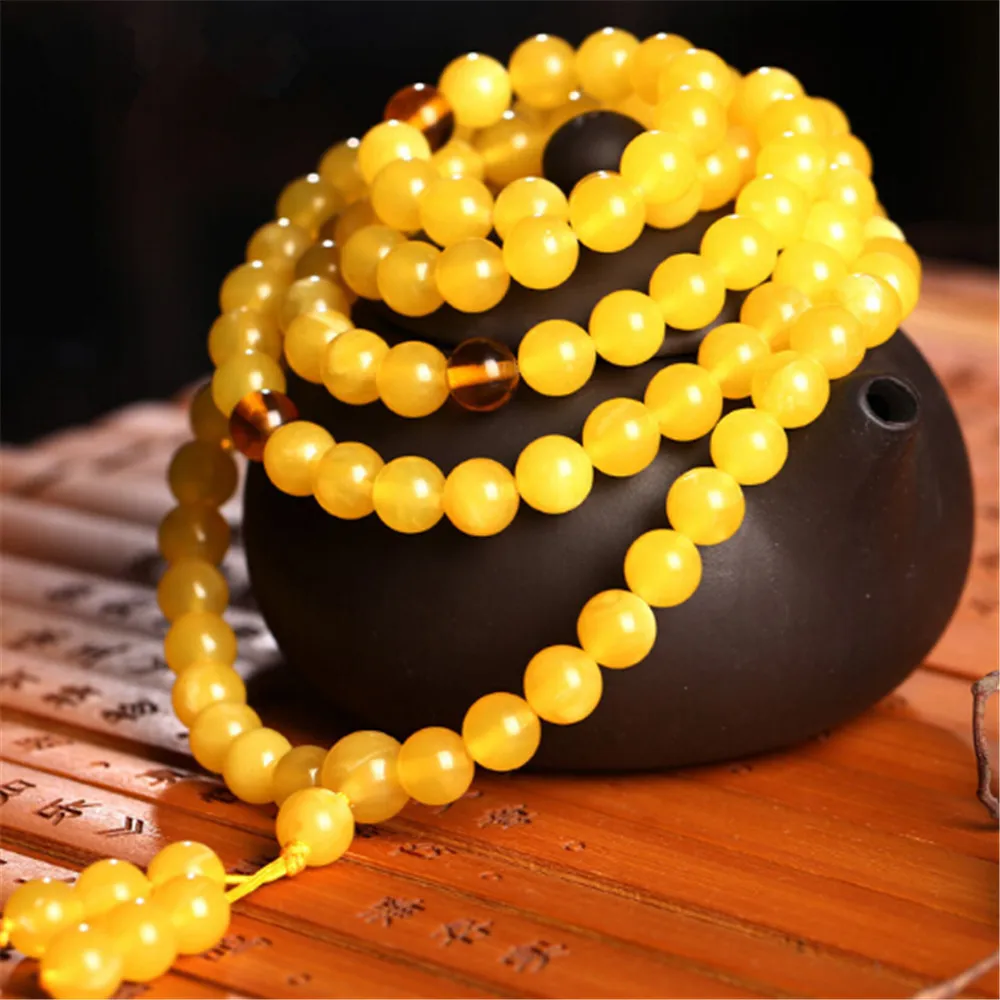 Тибетский 6 мм желтый бусы с пчелиным воском браслет или ожерелье 4 круг