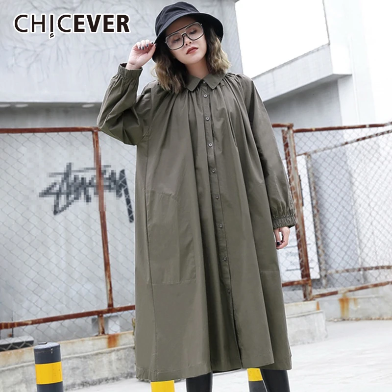 

CHICEVER Green Dress For Women Lapel Collar Long Sleeve Loose Ruched Autumn Clothes Casual Midi Dresses Female 2020 New Clothing