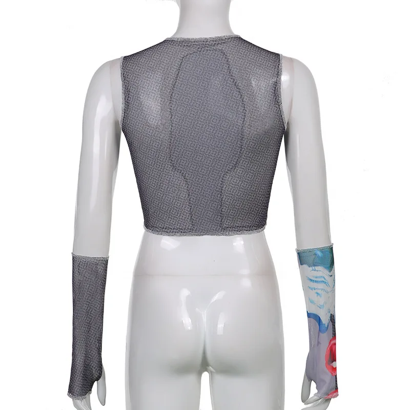 

Gothic Mesh Tank Tops Summer Punk Bodycon O Neck Crop Top With Gloves Streetwear Tranparent Print Vests