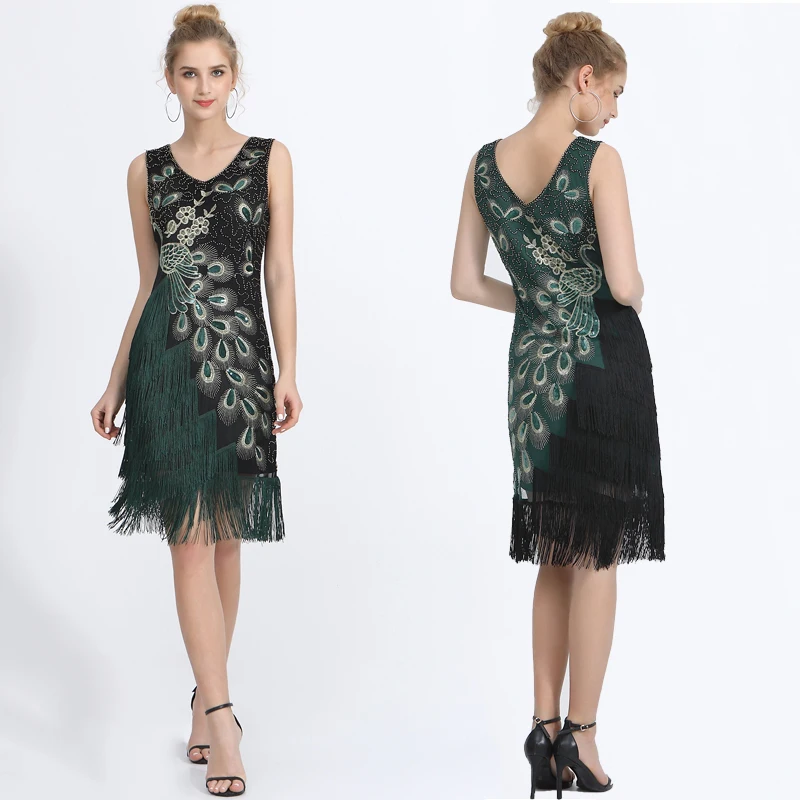 Платье для латинских танцев с блестками в стиле ретро кисточками и v-образным