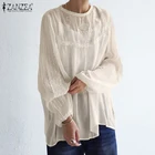 Женская элегантная блузка с вышивкой ZANZEA, летние кружевные вязаные топы с длинным рукавом, модная однотонная свободная туника, топы, повседневные блузы оверсайз