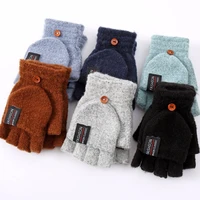 winter acrylic wool plus plush thick jacquard knit warm half finger flap writing mittens men touch screen knit typing gloves j8