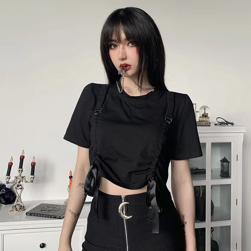 Женская футболка с коротким рукавом InsGoth черная в стиле Харадзюку готический топ