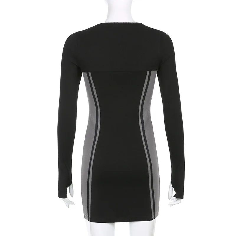 

Sexy Women Dress 2021 Summer Slim Lady Gothic Square Collar Contrast Color Mini Dress Empire Long Sleeve Bodycon Black Vestidos