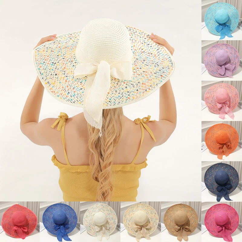 

1PC Bowknot Sun Hat Solid Big Brim Beach Cap Summer Sunscreen Sun Hat