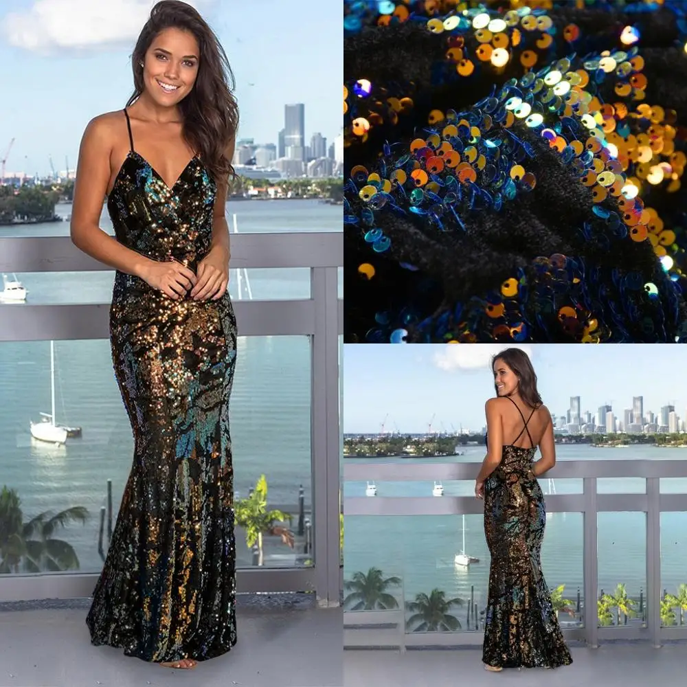 

2020 New Sexy Sequins Evening Dresses Long Elegant V-neck Criss-Cross Back Womens Formal Gown Mermaid Banquet Prom Dress