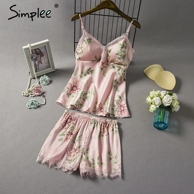 Женский комплект пижамы из 2 частей Simplee шелк Сексуальная короткая пижама 2019 г. с