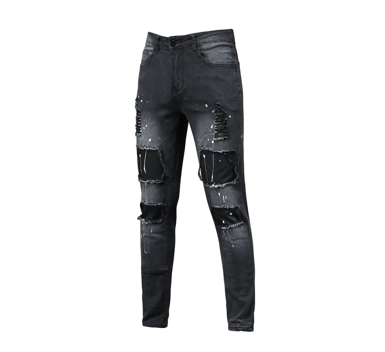 Jeans Men 2021 Black Oil Paint Patchwork Ripped Skinny Jeans Biker Pencil  Denim Pants Streets Hip Hop Jeans