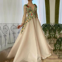 eightale champagne evening dress v neck appliques long sleeves a line tulle formal flowers dubai arabic prom gown party dress