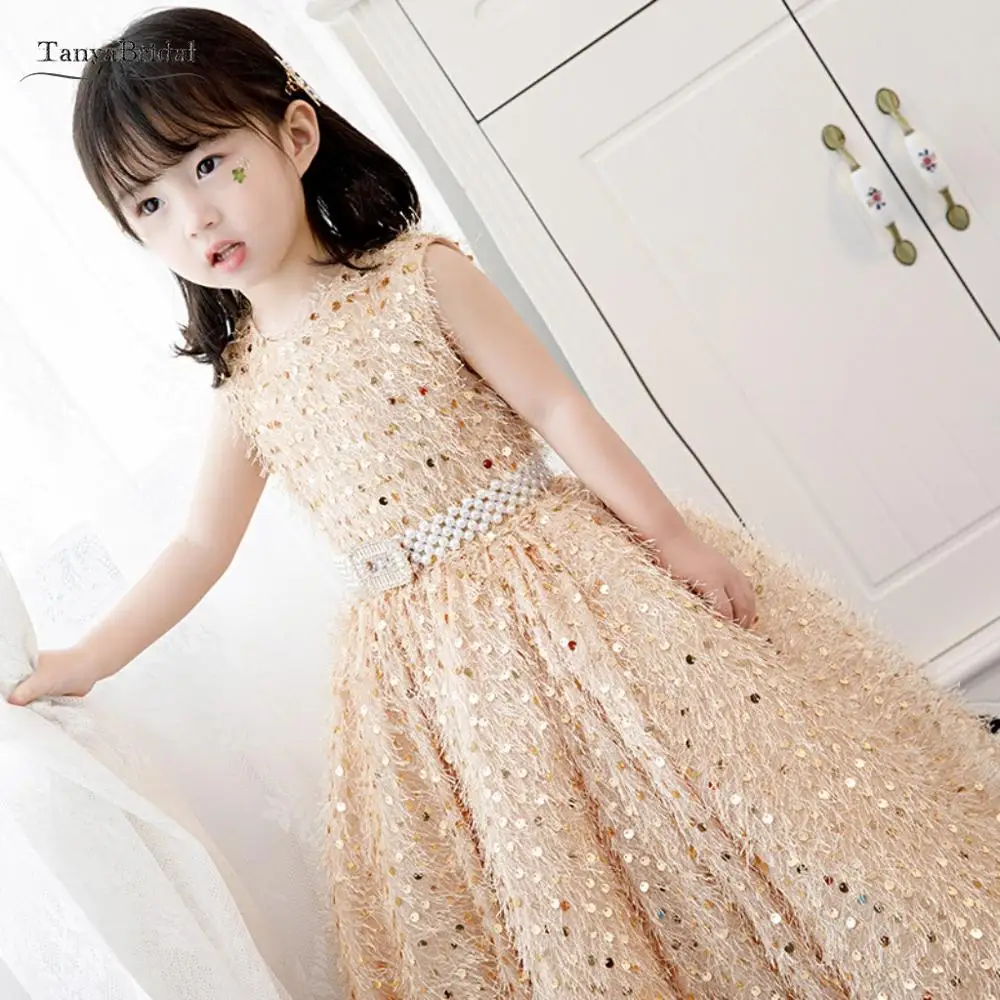 Cute Ball Gown Flower Girls Dresses for Party and Wedding Champagne Gold Bling Sequins Long Formal Gowns Baby Girl XF044 | Свадьбы и