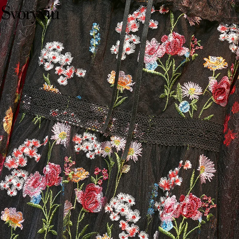 

Svoryxiu Runway Designer Summer Party Black Mesh Embroidery Short Dress Women's Fashion Lace Flared Sleeves Mini Dresses
