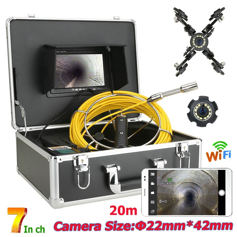 

7" WiFi Wireless DVR Pipe Inspection Video Camera IP68 HD 1000TVL Drain Sewer Pipeline Industrial Endoscope System 10-50M