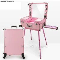 professional rolling cosmetic case beauty makeup trolley suitcase led light mirror box pink luggage aluminum frame folding table