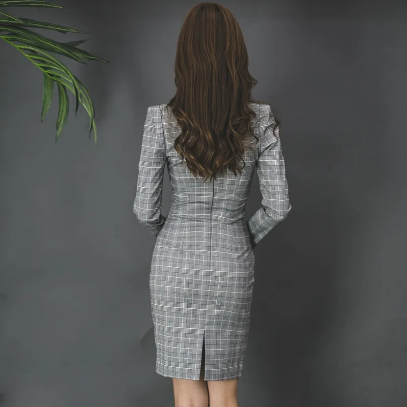 Офисное женское платье 2020 Весна ретро Тонкое клетчатое с запахом Подиум