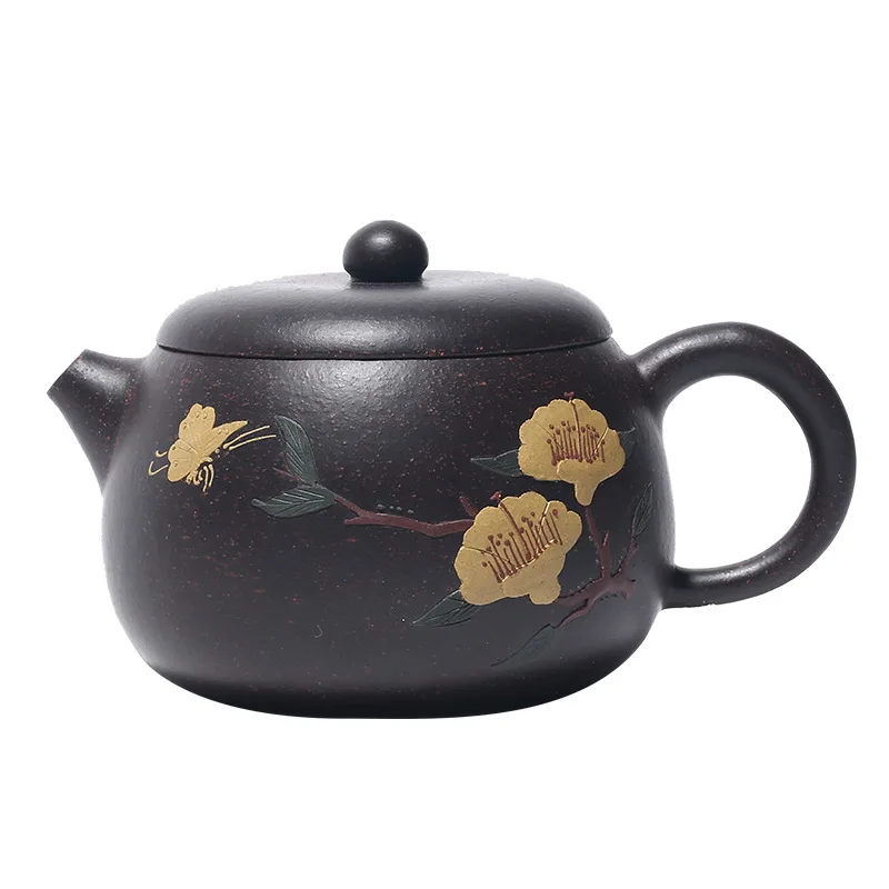 

Dark-red Enameled Pottery Teapot Yixing Competitive Products Applique Yu Fu Manual Kettle Entity Shop Mixed Batch