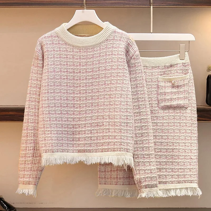 Pink Большой плюс размер Sweater свитер одежда розовый комплект юбки для девочек костюм женский осенний комплект из 2 предметов s свитер+ юбка комплект из 2 предметов Vestidos - Цвет: Pink