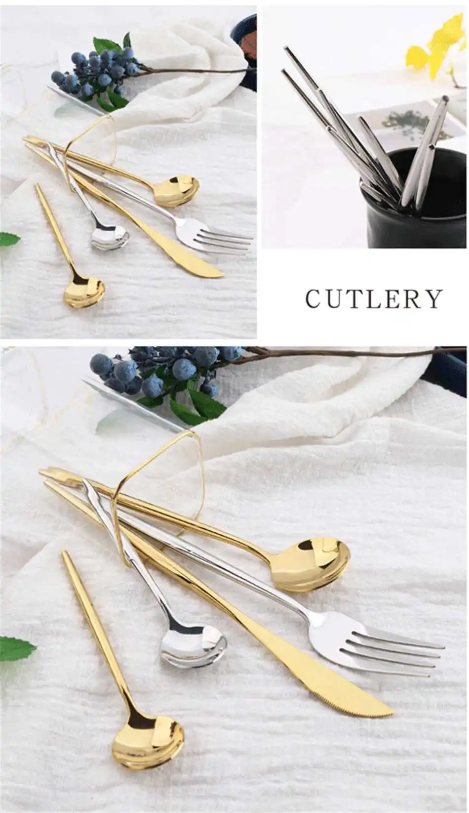 High Quality Gold Cutlery Set Stainless Steel Portable Dinnerware Set Mirror Polishing Food Steak Fork Spoon Knife Chopstick 1pc