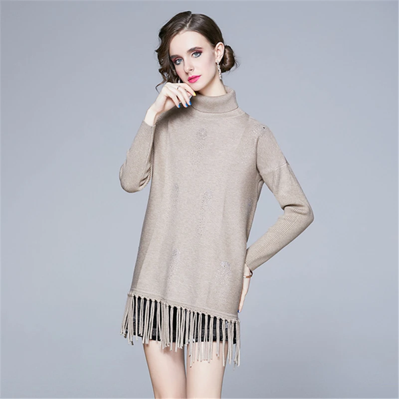 

European Style Women Pullover Turtleneck Long Sleeve Tassel Sweater Loose Bottoming Shirt French Top 2021 Spring New