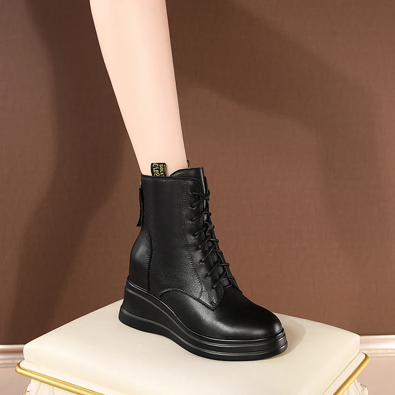 

SKLFGXZY 2020 New winter Japan South Korea Genuine leather ankle Women boots 8cm wedges Fashion boots black Women shoes