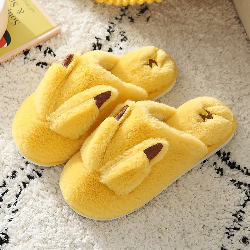 

2021 Bikachu Slippers To Keep Warm Women Fluffy Fur Slippers Big ear Shoes Lady Indoor Slipper Furry Slides for Women Couples