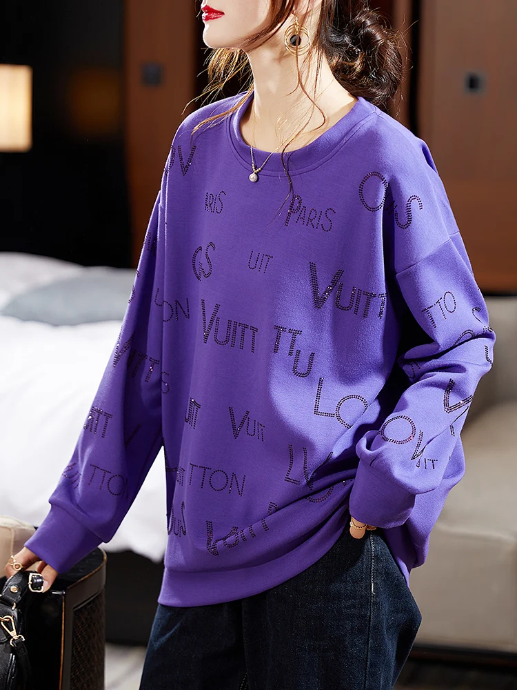 Plus Size Hoodies Letter Diamond Decoration Top O-neck Loose Harajuku Sweatshirt Spring Autumn Purple Dark Blue Female Pullover