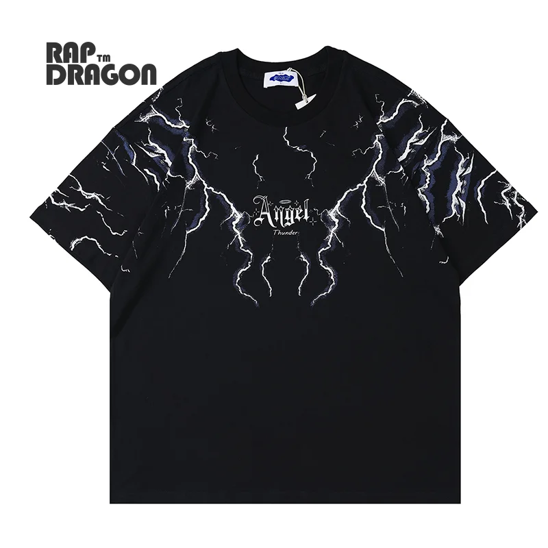 

Hip Hop Men's Streetwear Oversized Harajuku Lightning Print T-shirt 2021 Summer Cotton Casual Top Black Loose Short Sleeve Tee