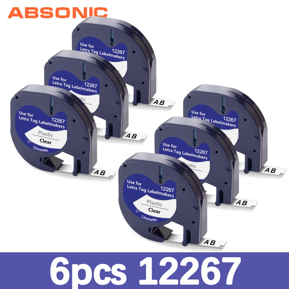 Absonic 6PK совместимый с Dymo LetraTag Пластик этикетка 12267 16951 16952 черный на прозрачном для