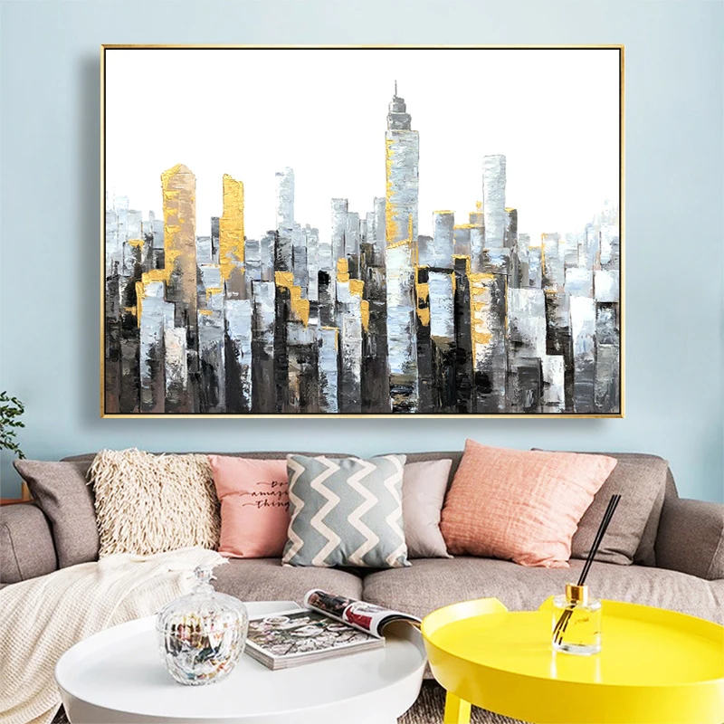 

100% Hand Painted Abstract Buildings Oil Painting On Canvas Wall Art Frameless Picture Decoration For Live Room Home Decor Gift