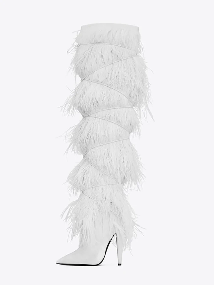 

Зимние Модные длинные сапоги выше колена с перьями, на молнии с перекрестной шнуровкой, с острым носком, на тонком высоком каблуке, сексуаль...