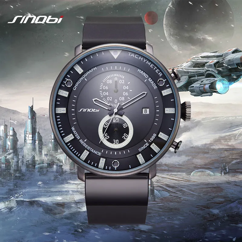 SINOBI 2021 Fashion Men's Quartz Watch Silicone Strap Luxury Sports Chronograph Quartz Men's Wristwatch Man Auto Date Clock