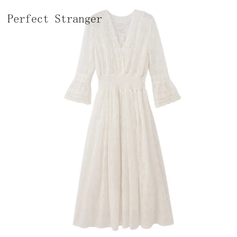 Женское длинное кружевное платье в богемном стиле с рукавом три четверти и V