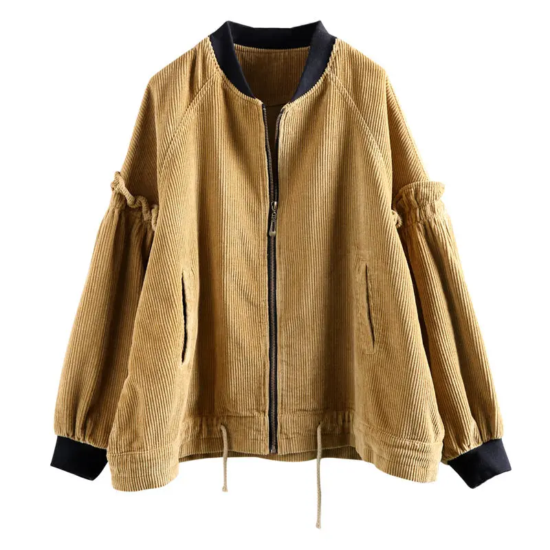 

Loose Large Size Autumn Corduroy Jacket Female Fungus Lanterns Sleeves Casual Strips Velvet Corduroy Shirt Coat Women Tops