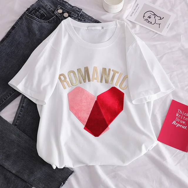 

Романтическая модная футболка с сердцем, свободные стильные женские топы с коротким рукавом, DZA160