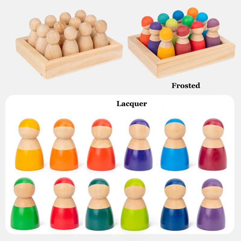 

Wooden Rainbow Blocks Montessori Toys 12 Friends Peg Dolls Bodies Baby Pretend Play People Figures Shape Kids Educational Toys