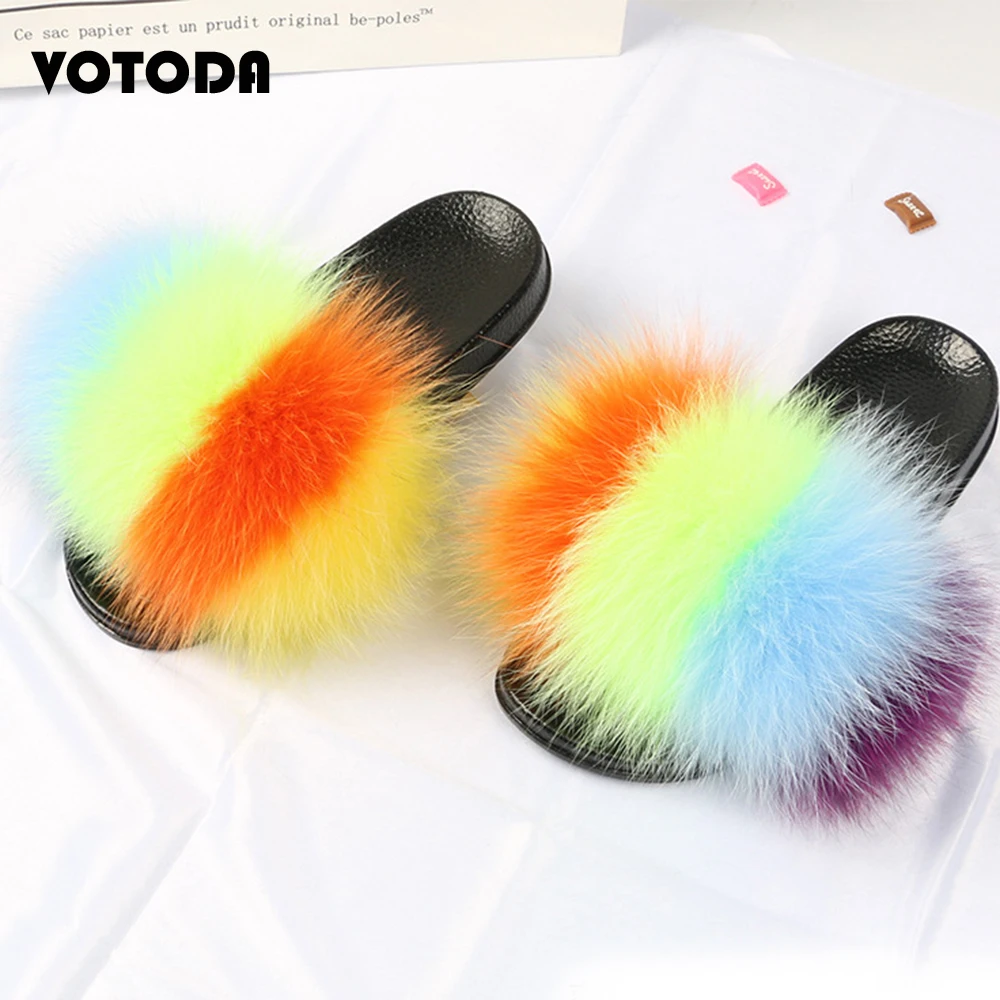 Kids Fur Slippers Real Fox Slides Child Raccoon Home Flop Flip Boy Furry Flat Sandals girls Cute Fluffy Shoes Baby Plush shoes images - 6