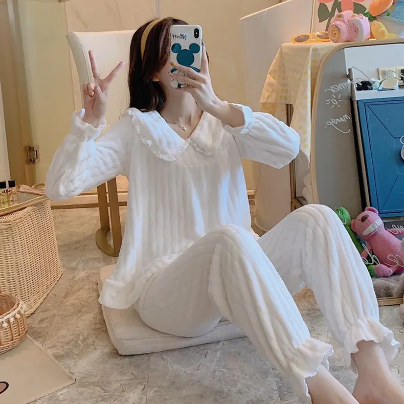 Женский фланелевый Пижамный костюм из 2 предметов белая Домашняя одежда Милая