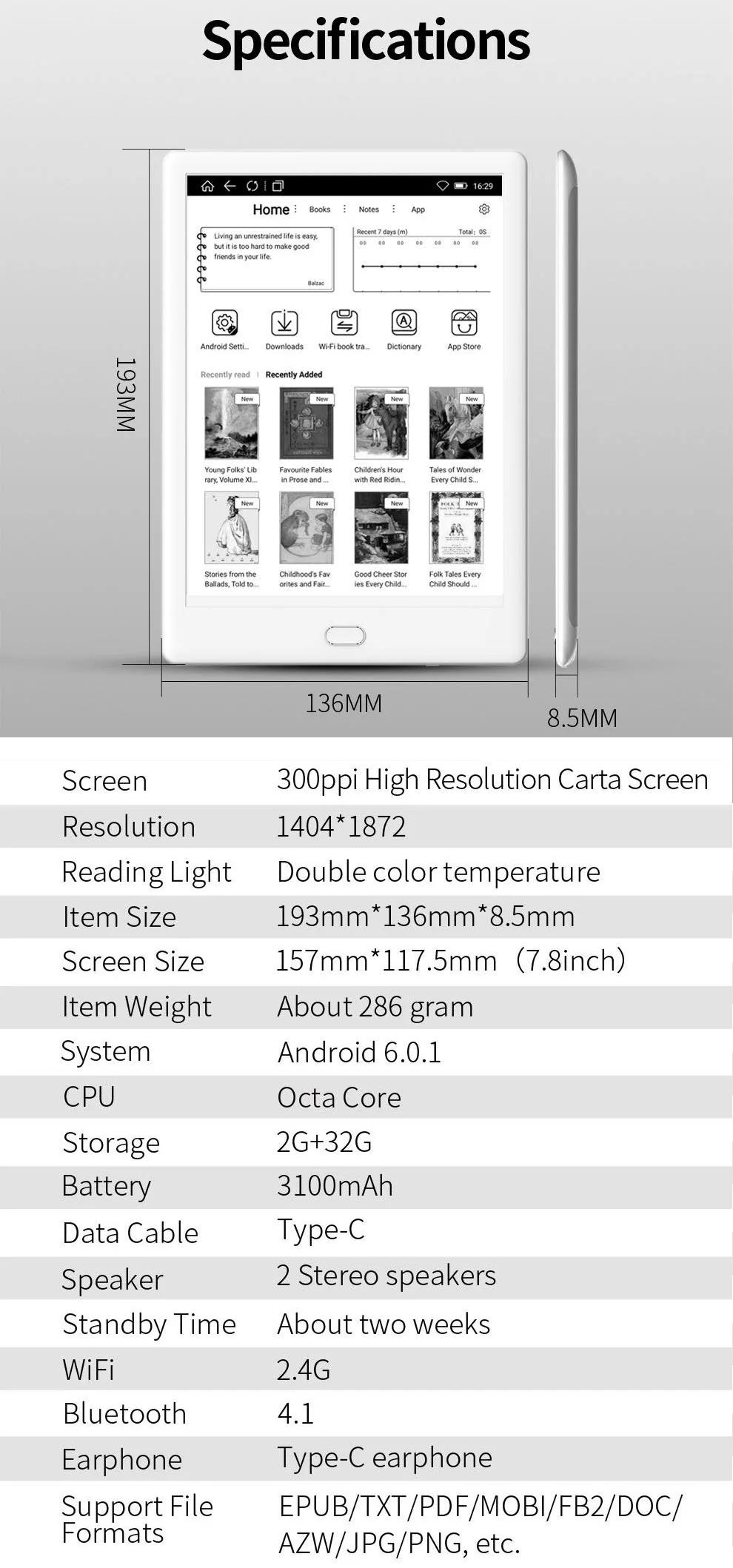 WiFi 32GB Электронная книга ридер 7,8 дюймов двойной сенсорный экран 300PPI HD E ink аудио ридер Восьмиядерный android E ридер с ручкой